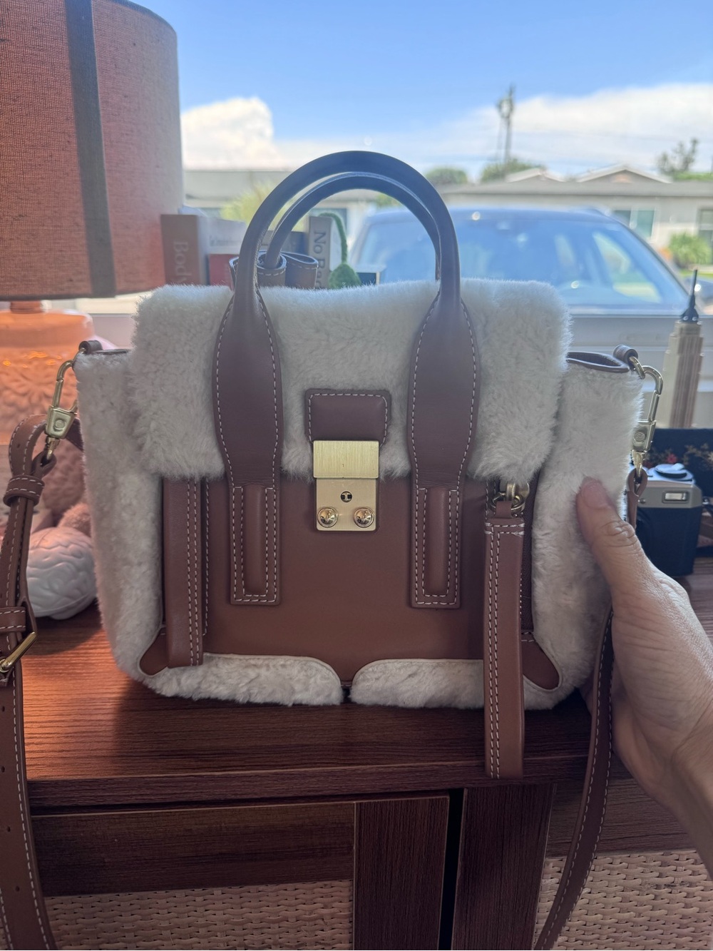 3.1 Phillip Lim Brown Leather and Cream Shearling Satchel